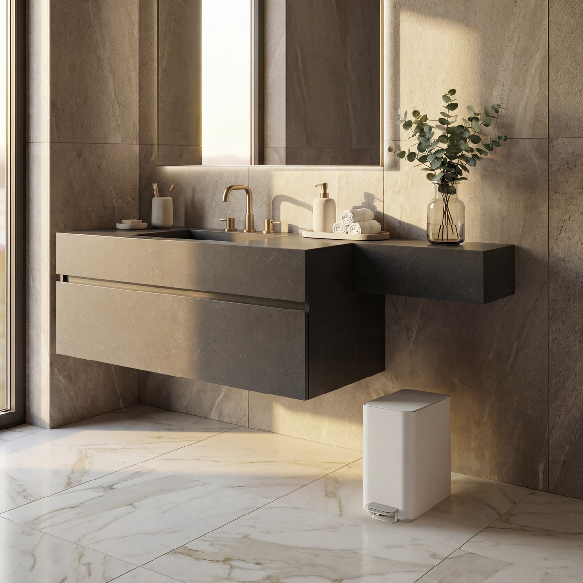 Simplehuman's 5L Slim Step Can in White in a modern bathroom with marble countertop and walls with appliances on the countertop.