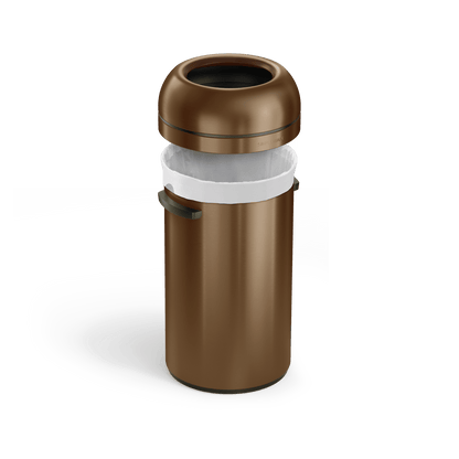 Simplehuman's 60L Bullet Open Can in Bronze with the lid lifted showcasing the liner.