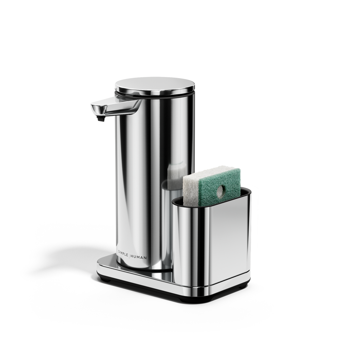 Angled view: Simplehuman Polished Stainless Steel 14 oz Sensor Pump + Caddy holding a sponge, rechargeable touch-free design.