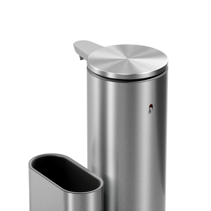 Detail view: Simplehuman 14 oz Sensor Pump + Caddy in Brushed Stainless Steel, highlighting the touch-free sensor.