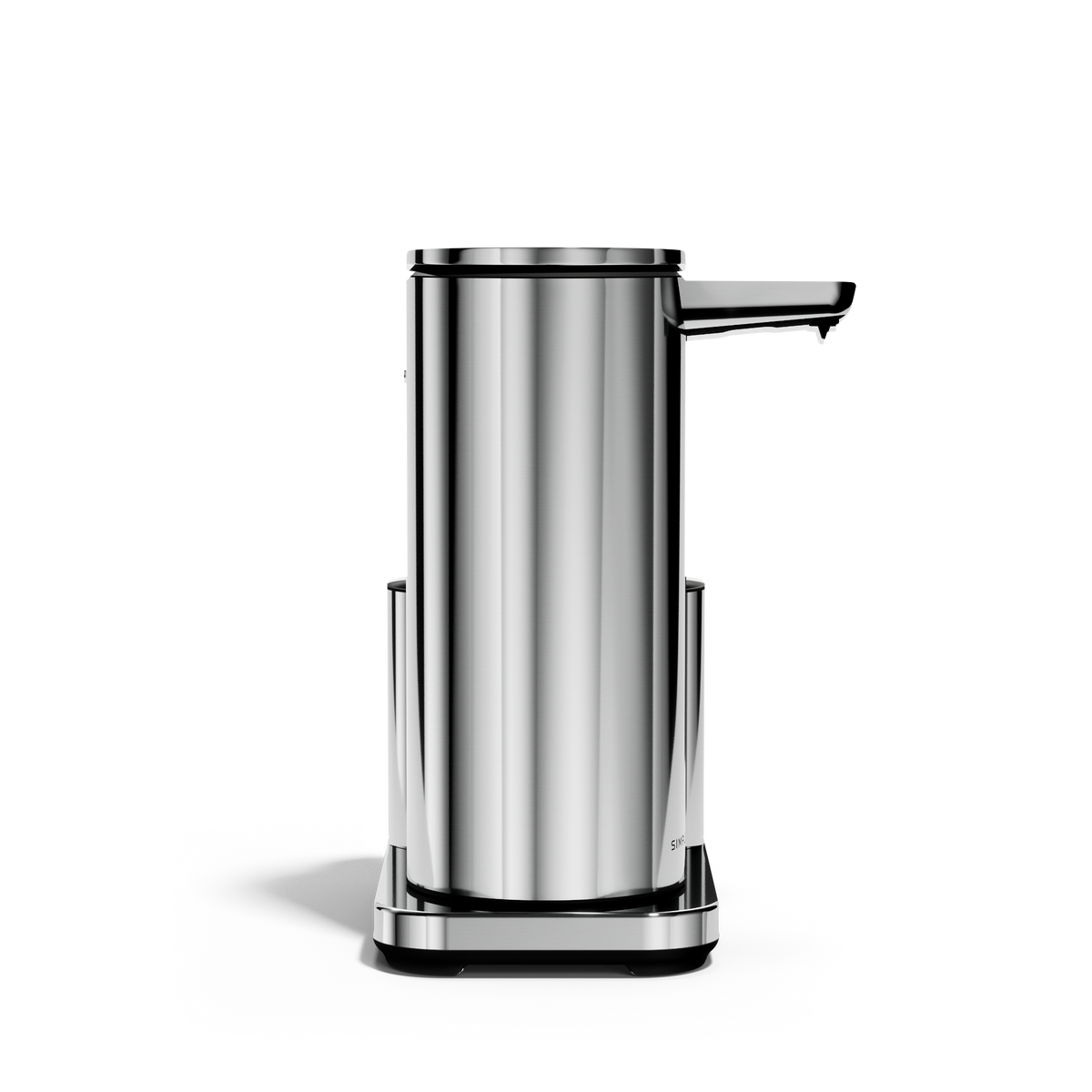 Studio front view: Simplehuman Polished Stainless Steel 14 oz Sensor Pump + Caddy, rechargeable touch-free dispenser.