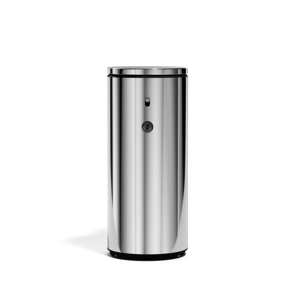 Straight-on view of Simplehuman 9 oz. Rechargeable Sensor Pump in Polished Stainless Steel, touch-free, adjustable dosage.