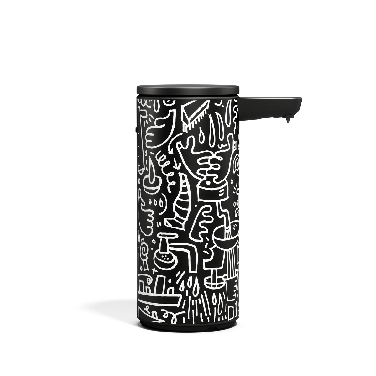 Centered profile view of Simplehuman 9 oz. Rechargeable Sensor Pump in Black Doodle Graphic, touch-free operation.
