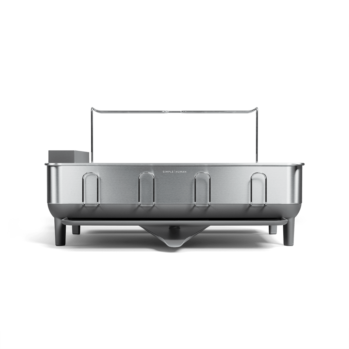Simplehuman Brushed Stainless Steel Steel Frame Dishrack, showing cup holders and center pivot drainage spout.