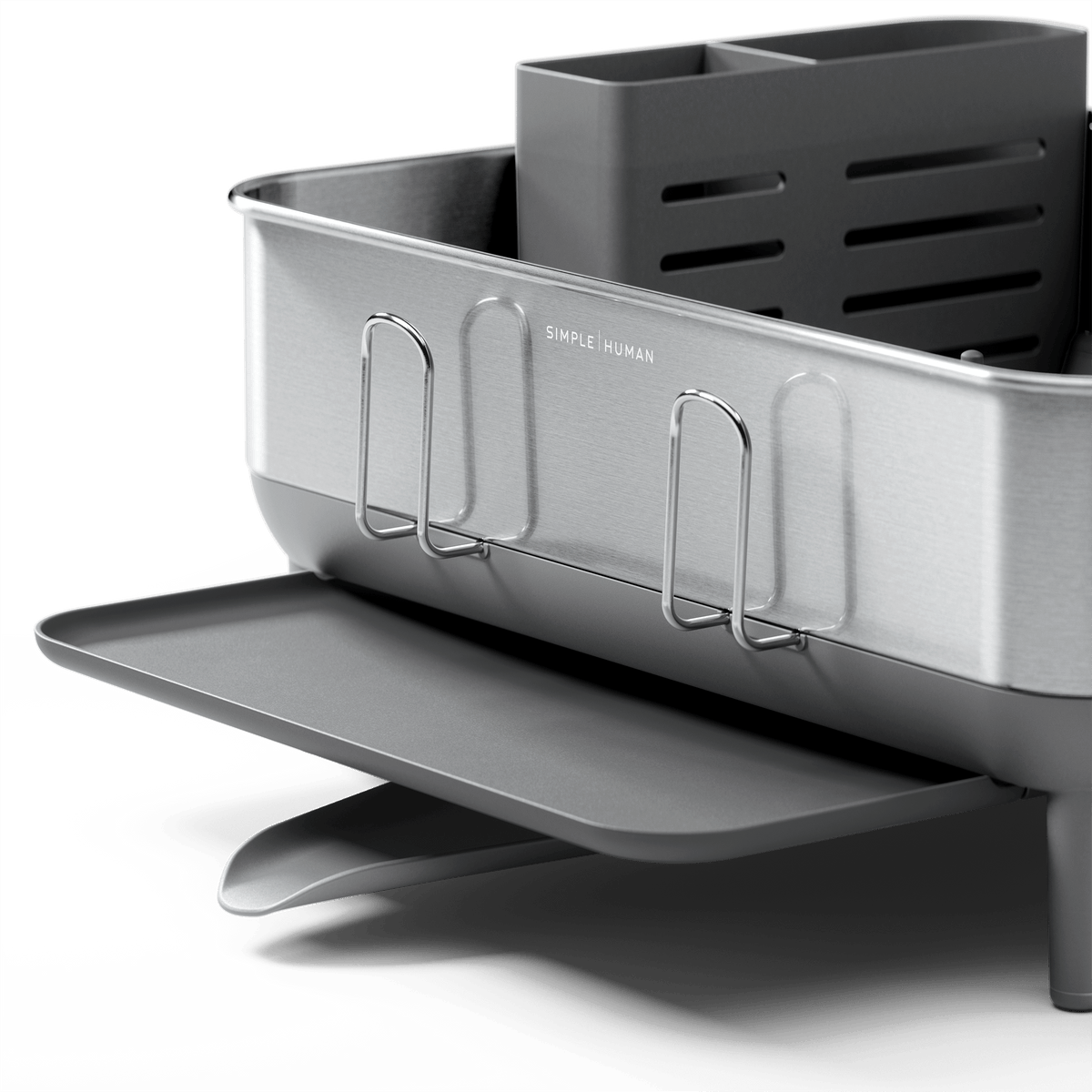 Detail view of Simplehuman Compact Steel Frame Dishrack in Brushed Stainless Steel, showing adjustable drainage and cup racks.