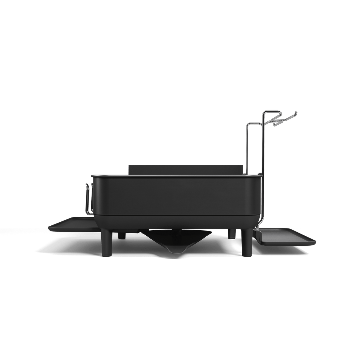 Simplehuman Matte Black Steel Frame Dishrack, side view detailing the pivoting drainage spout and integrated cup rack.