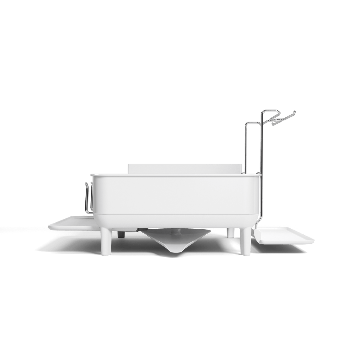 Side view of Simplehuman White Steel Frame Dishrack featuring the integrated stainless steel cup rack and central pivoting drain spout.