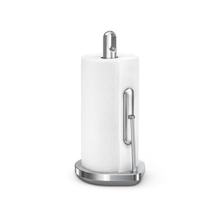 Simplehuman Tension Arm Paper Towel Holder in Polished Stainless Steel, features one-handed tear mechanism.