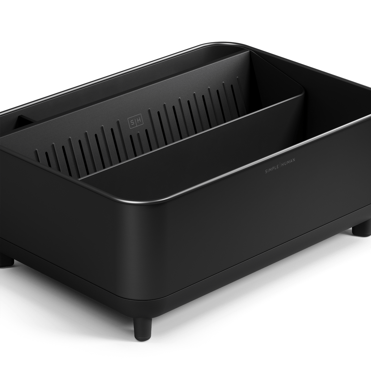 Close-up of Simplehuman Matte Black Bottle Dock showing interior drying tray and rack supports.