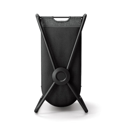 Back view of Simplehuman Double X-Frame Hamper, Black frame structure and removable liner carry handle.
