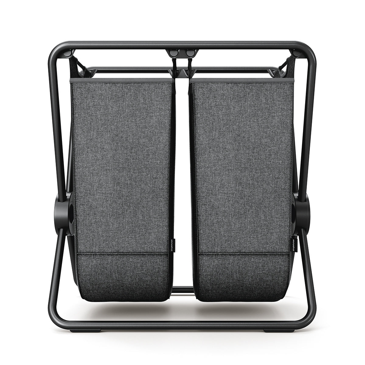 Direct view of Simplehuman Double X-Frame Hamper, Matte Black frame, dual dark gray removable fabric liners for sorting.