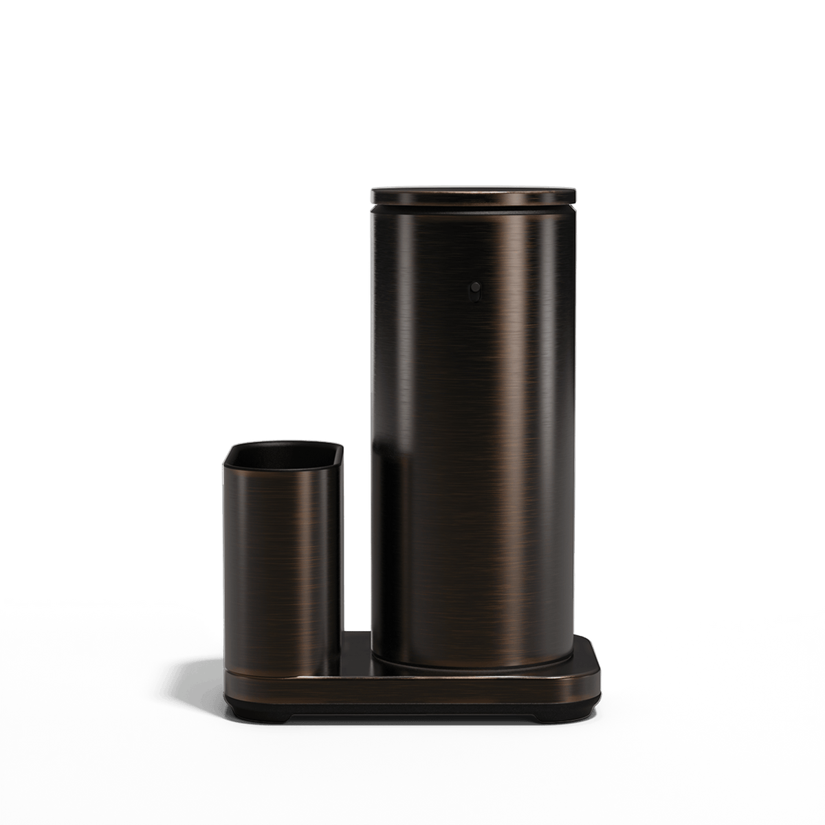 Studio front view: Simplehuman Brushed Bronze 14 oz Sensor Pump + Caddy, rechargeable touch-free design.