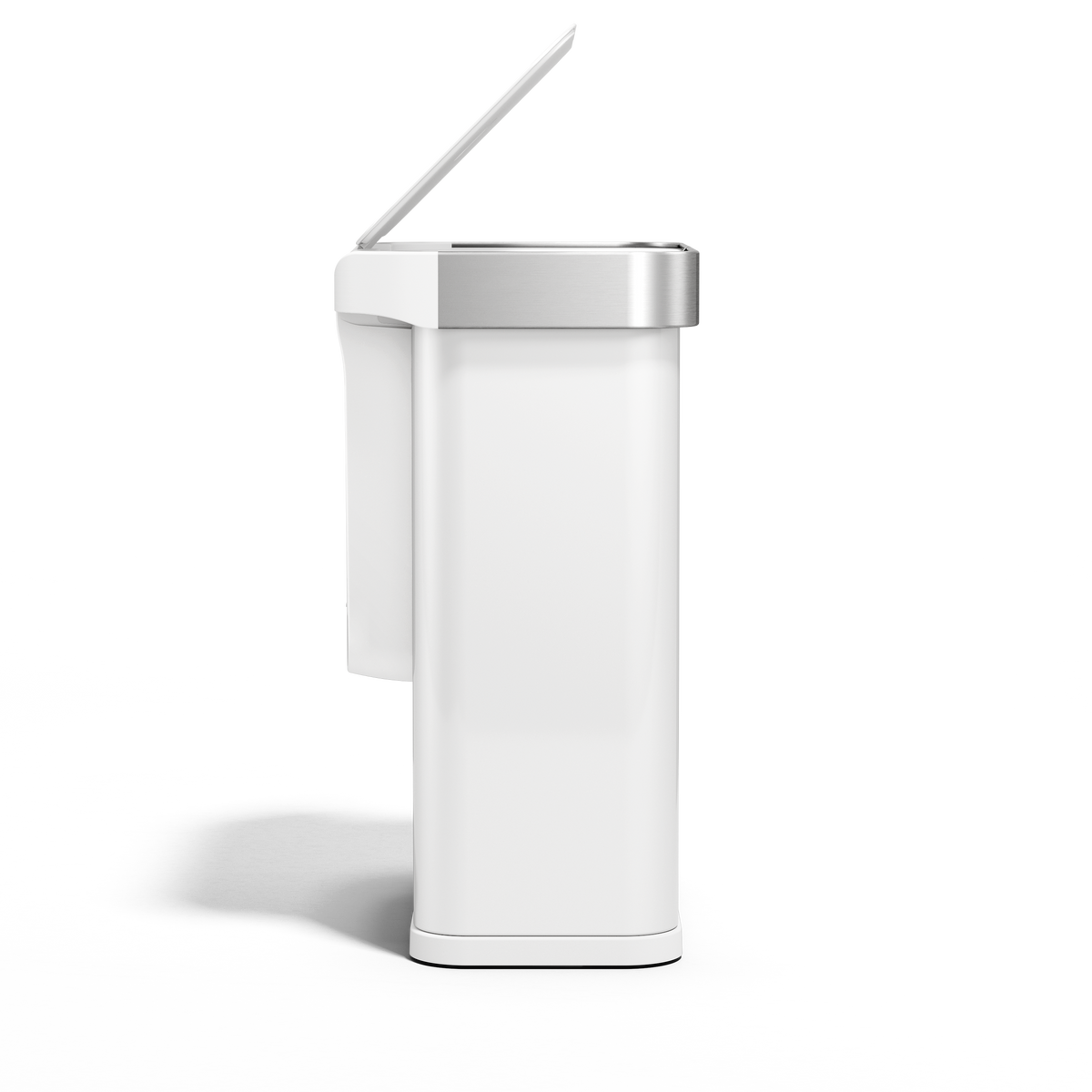 Side view of Simplehuman 58L Rectangular Sensor Can in White/Brushed Stainless Steel, open touch-free lid.