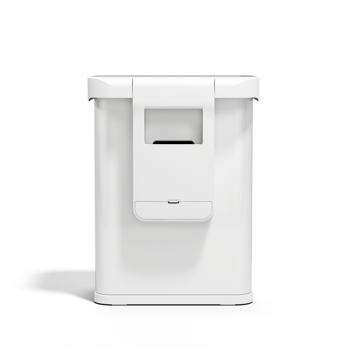 Back view of Simplehuman 58L Rectangular Sensor Can in White, showing the built-in liner pocket.