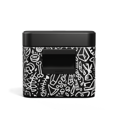Simplehuman Matte Black Compost Caddy with white doodle pattern. Front view showing magnetic latch handle.
