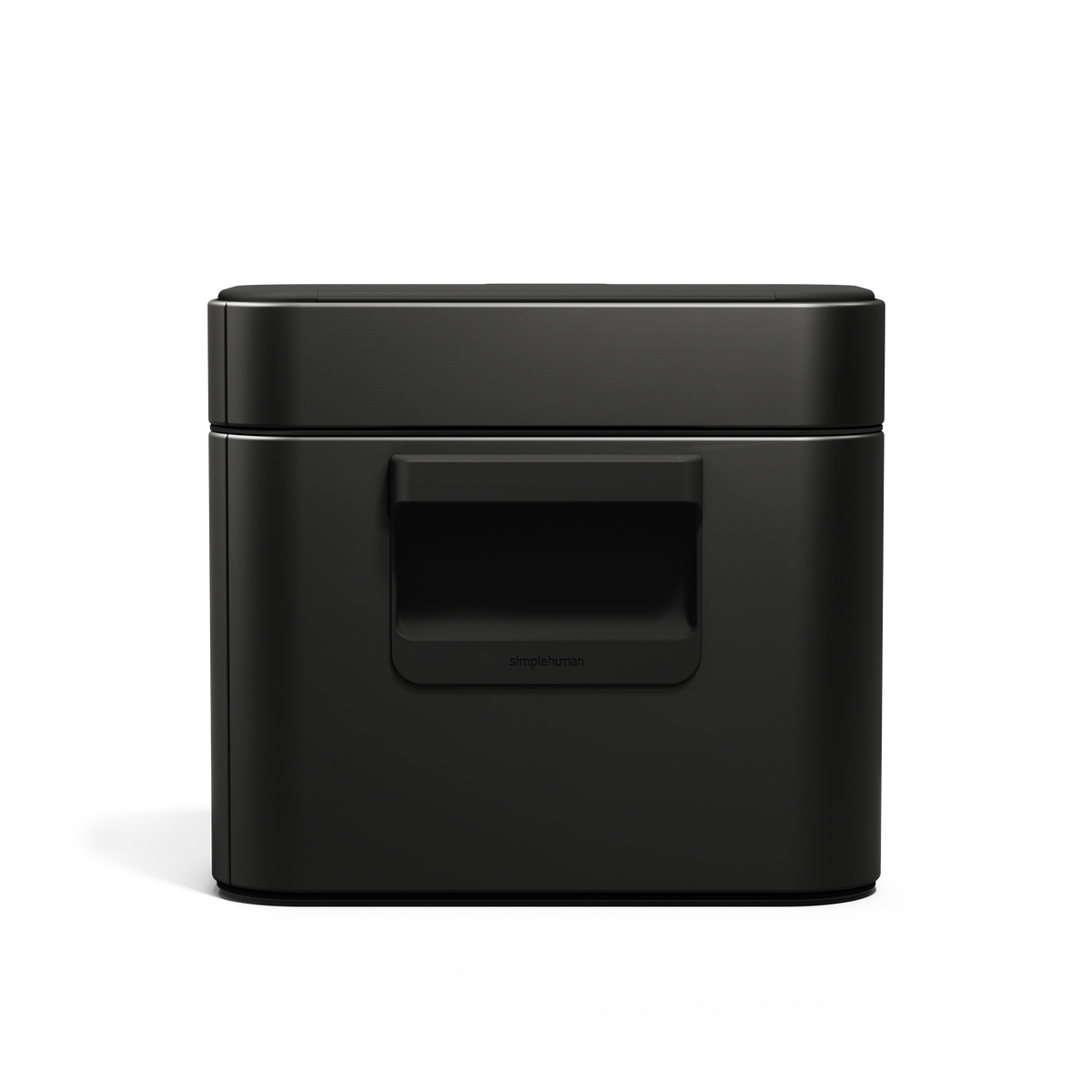 Simplehuman Matte Black Compost Caddy, profile view showing magnetic handle and sealed, odor-proof countertop design.