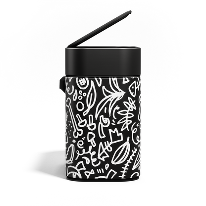 Simplehuman Matte Black Compost Caddy with white doodle pattern, lid raised for quick, odor-proof disposal.
