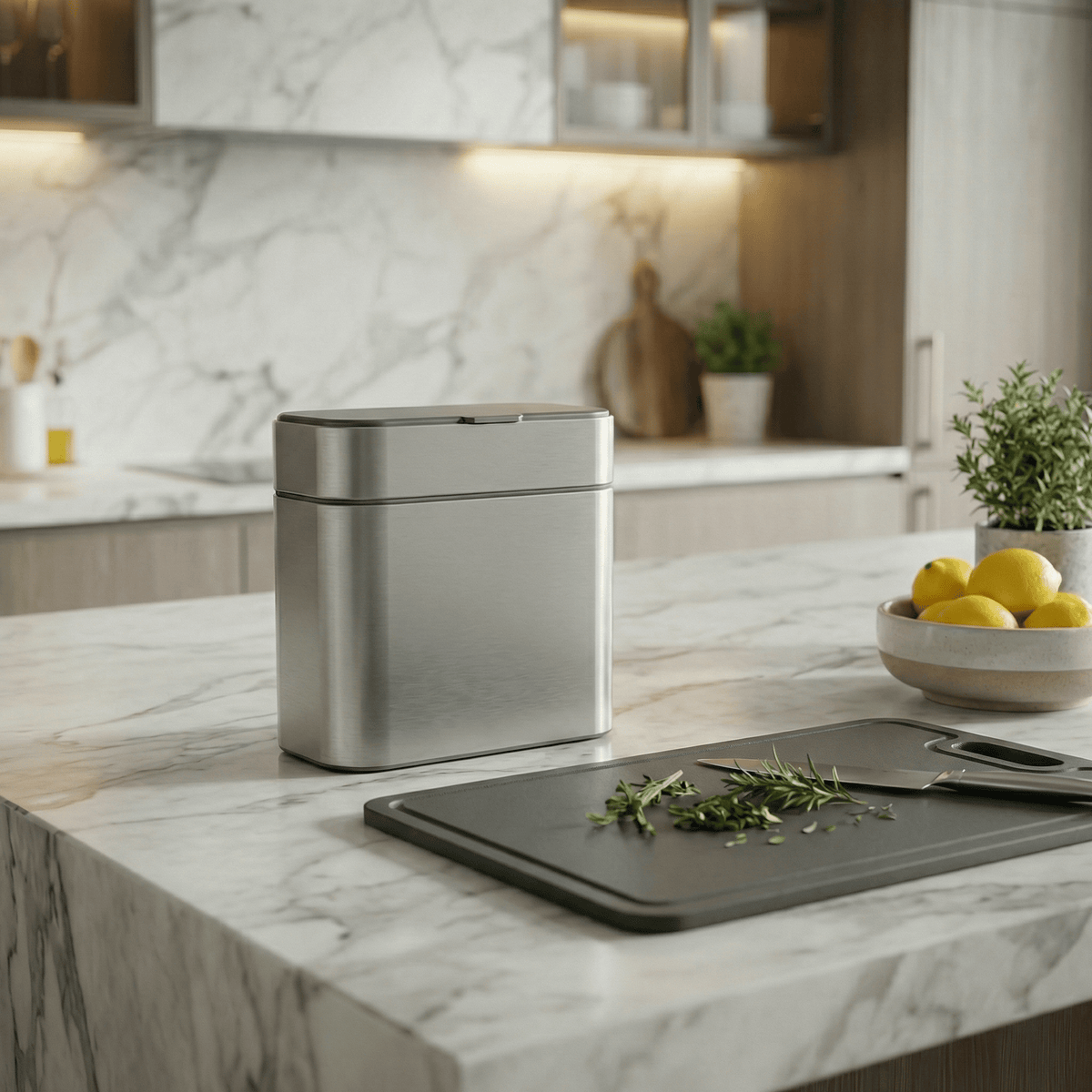 Simplehuman's Brushed Compost Caddy in a modern kitchen setting.