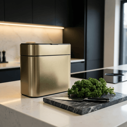 Simplehuman's Matte Gold Compost Caddy on a solid, white countertop, and modern appliances.