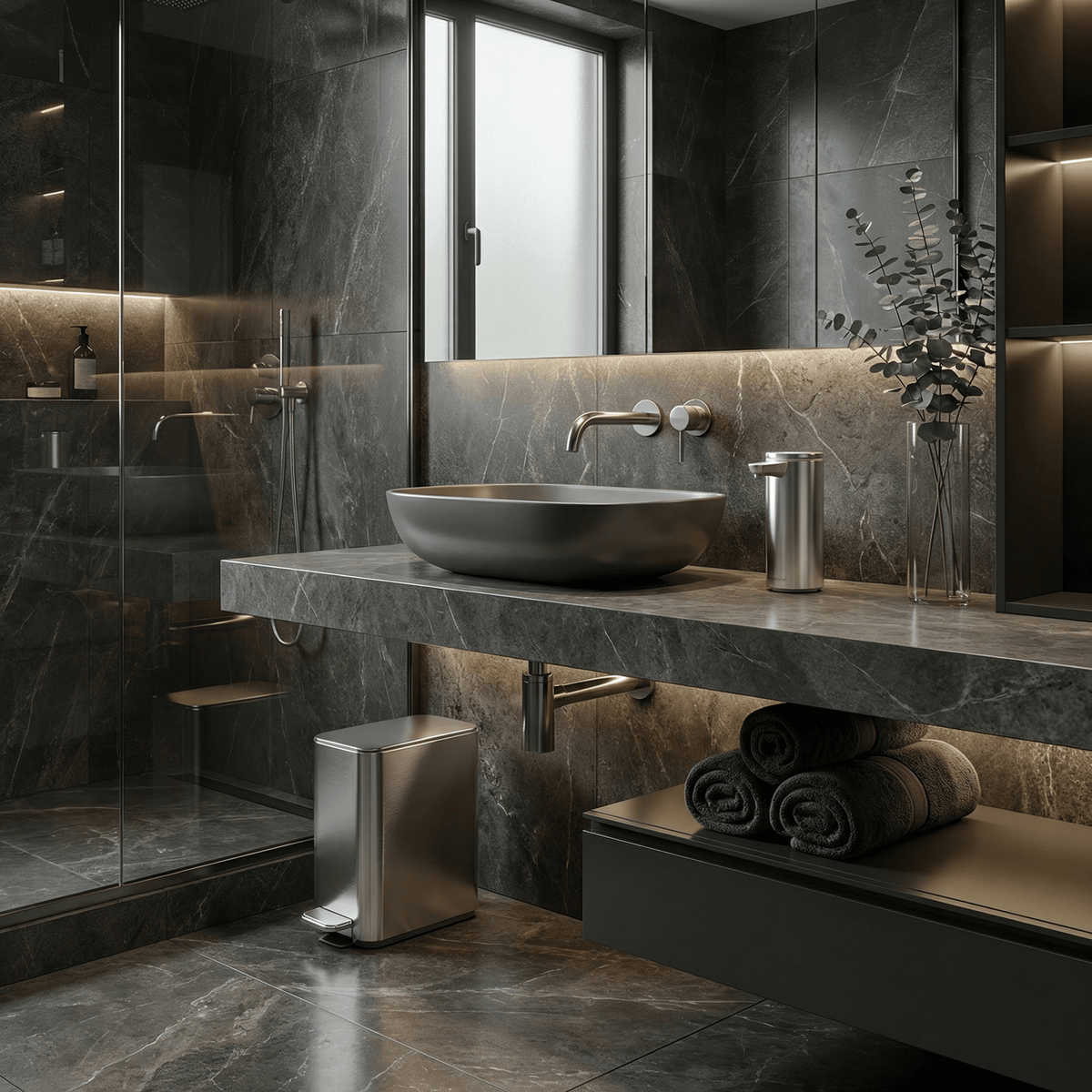 Simplehuman's 5L Slim Step Can in Polished in a modern, darker bathroom setting with charcoal colored countertop that includes the matching Sensor Pump.