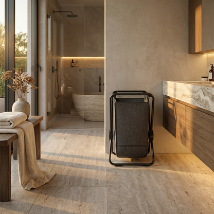 Simplehuman's Single X-Frame Hamper in a modern bathroom setting with natural light.