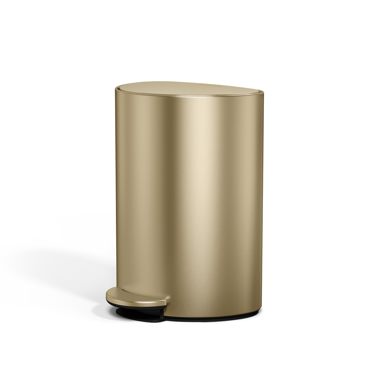 Simplehuman 6L Semi-Round Step Can in Brass, space-saving design with durable hands-free pedal.