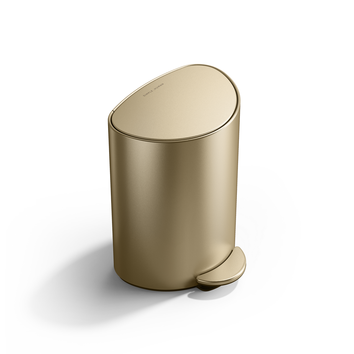 Simplehuman Brass 6L Semi-Round Step Can, dramatic angled view, compact size, durable hands-free pedal.