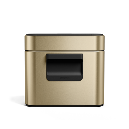 Simplehuman Brass Compost Caddy, straight front view detailing the black magnetic handle and airtight seal.