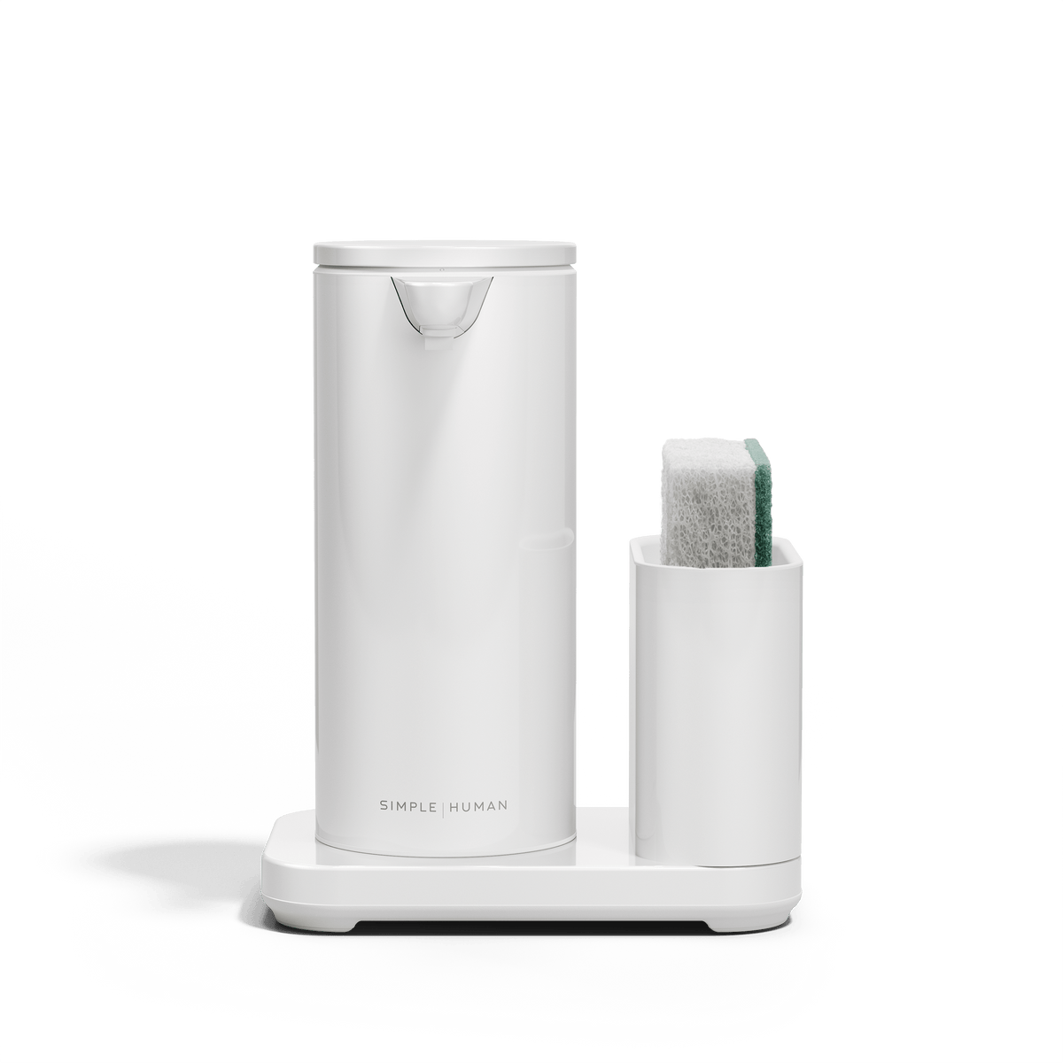 Front view of Simplehuman White 9 oz Sensor Pump and Caddy, organized touch-free dispensing.