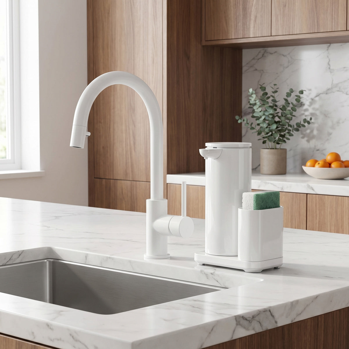 Simplehuman's 14 oz. Liquid Sensor Pump with Caddy in White in a modern kitchens setting with marble countertops, wooden cabinets, small plants and produce on the countertop.